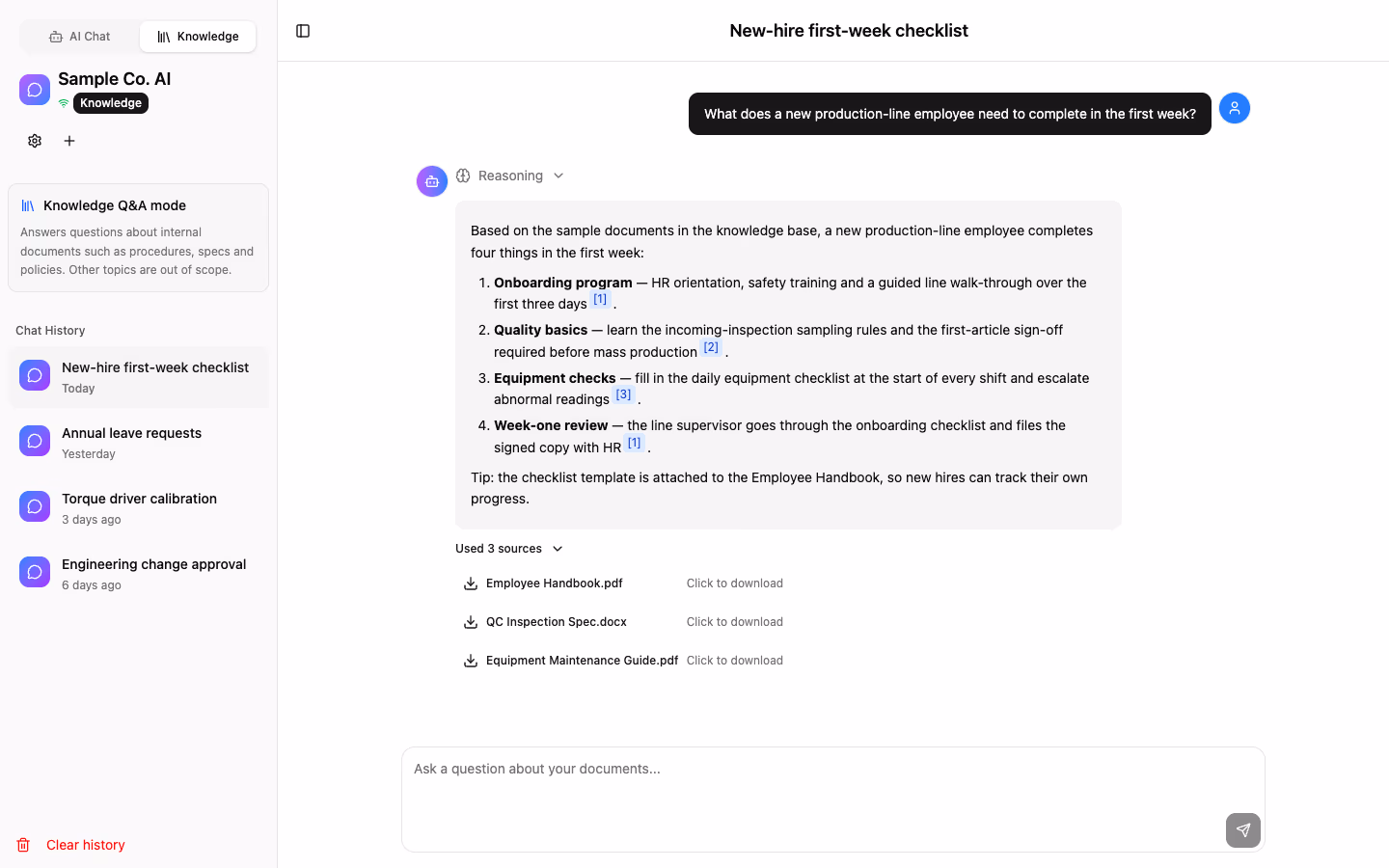 Knowledge assistant — answer with inline citations back to the source document