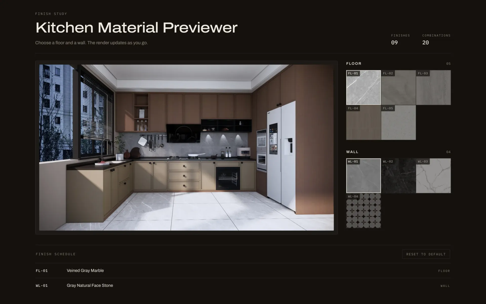 The default scheme — FL-01 veined gray marble underfoot, WL-01 natural face stone behind the hob