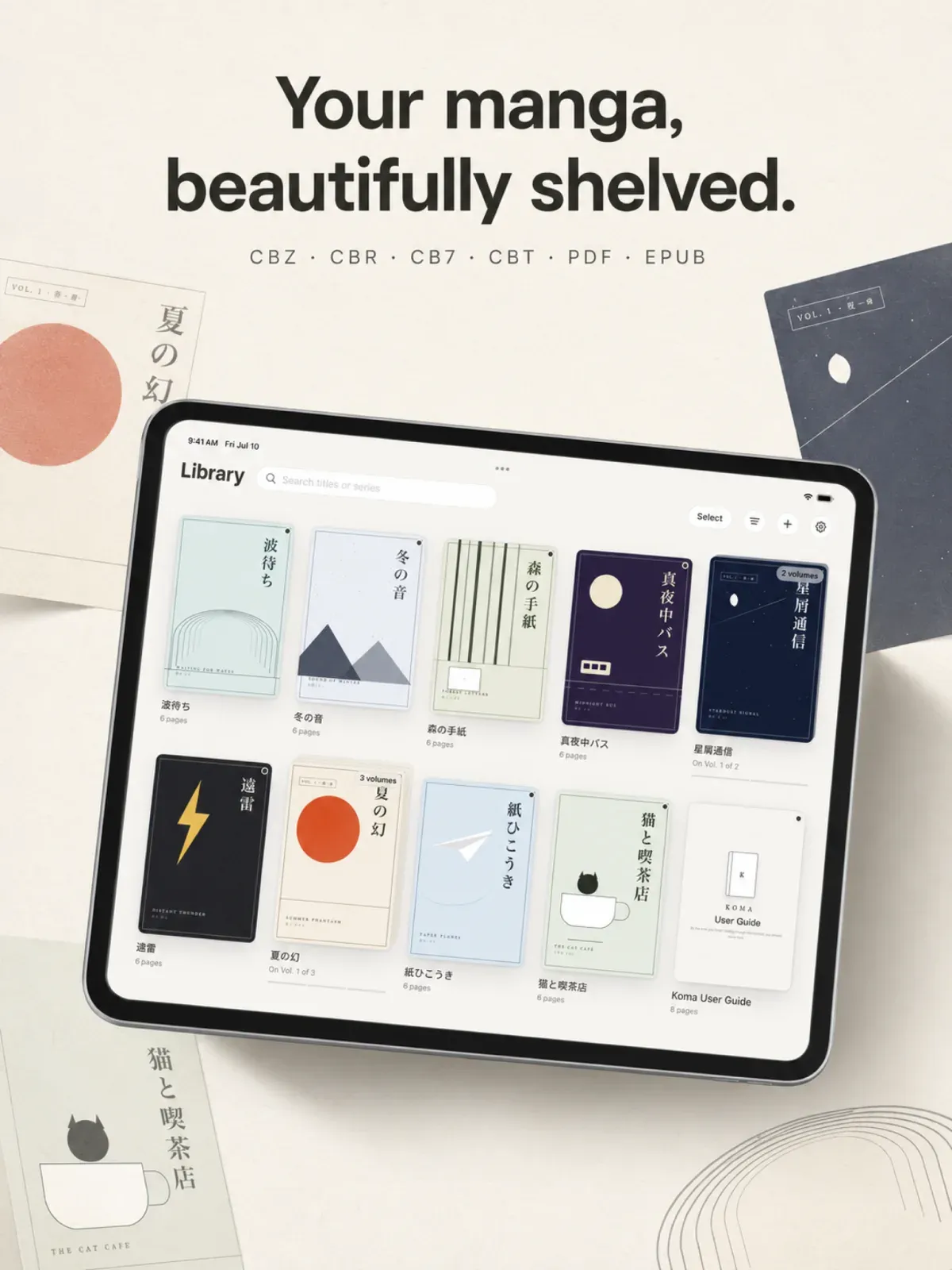 The shelf in light mode — series auto-stacked from filenames, covers front and centre