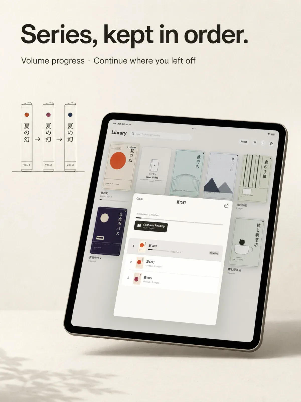 Series detail — per-volume progress and a Continue Reading button that knows where you left off