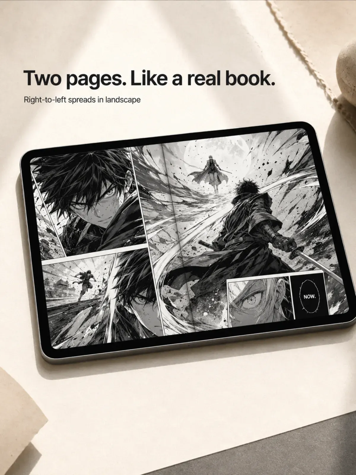 Landscape spreads — wide pages detected at import and given the full screen, like a real book