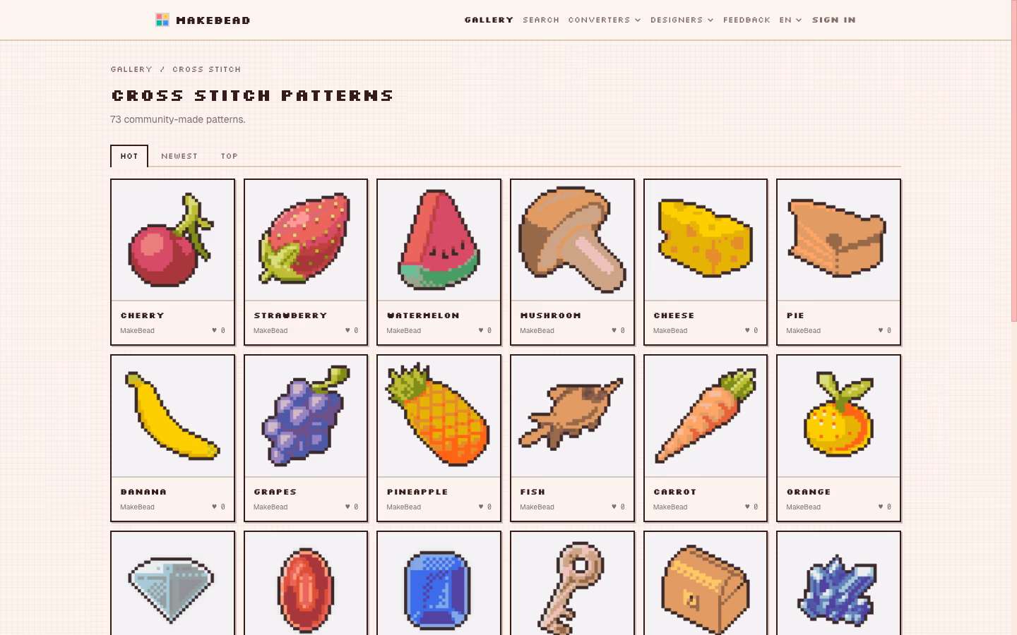 Per-style sub-gallery — same patterns shown in cross stitch context